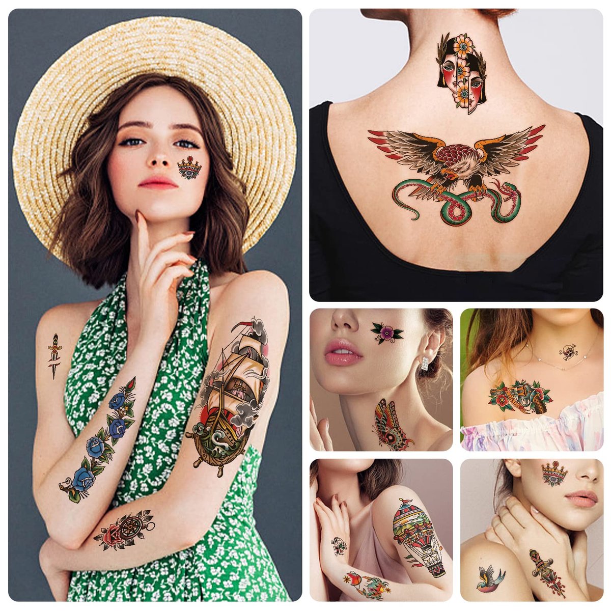 77 Sheets Classic Temporary Tattoos for Adults - Old School Sailor Jerry Style Fake Tattoos, American Traditional Rose Arm Tattoo Stickers for Women Men Kids - görsel 9