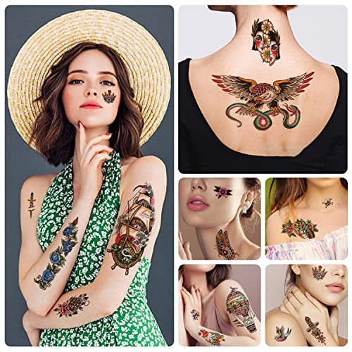 77 Sheets Classic Temporary Tattoos for Adults - Old School Sailor Jerry Style Fake Tattoos, American Traditional Rose Arm Tattoo Stickers for Women Men Kids - görsel 10