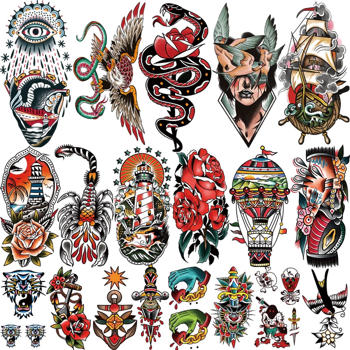 77 Sheets Classic Temporary Tattoos for Adults - Old School Sailor Jerry Style Fake Tattoos, American Traditional Rose Arm Tattoo Stickers for Women Men Kids - görsel 1