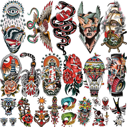 77 Sheets Classic Temporary Tattoos for Adults - Old School Sailor Jerry Style Fake Tattoos, American Traditional Rose Arm Tattoo Stickers for Women Men Kids
