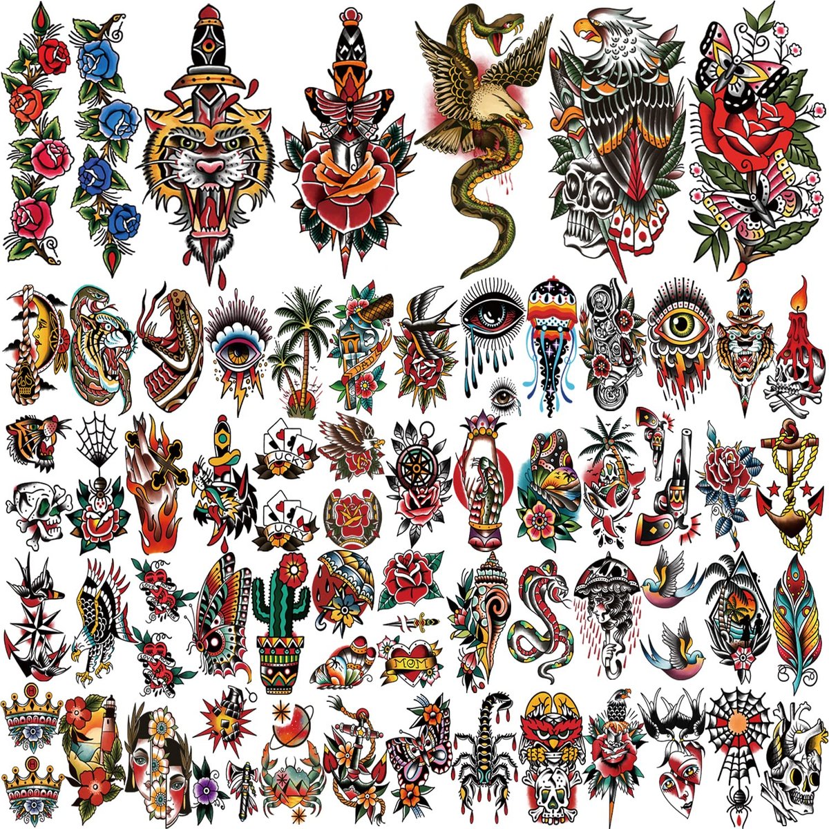77 Sheets Classic Temporary Tattoos for Adults - Old School Sailor Jerry Style Fake Tattoos, American Traditional Rose Arm Tattoo Stickers for Women Men Kids - görsel 3