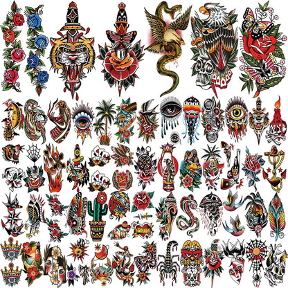 77 Sheets Classic Temporary Tattoos for Adults - Old School Sailor Jerry Style Fake Tattoos, American Traditional Rose Arm Tattoo Stickers for Women Men Kids