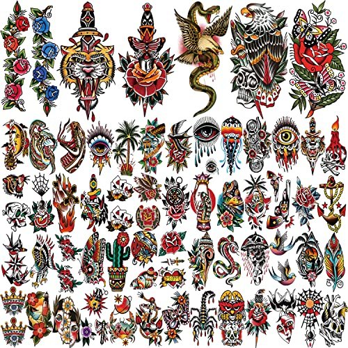77 Sheets Classic Temporary Tattoos for Adults - Old School Sailor Jerry Style Fake Tattoos, American Traditional Rose Arm Tattoo Stickers for Women Men Kids - görsel 4