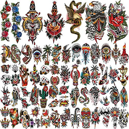 77 Sheets Classic Temporary Tattoos for Adults - Old School Sailor Jerry Style Fake Tattoos, American Traditional Rose Arm Tattoo Stickers for Women Men Kids