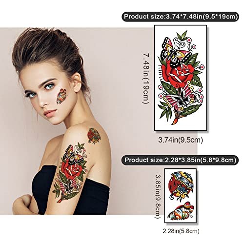 77 Sheets Classic Temporary Tattoos for Adults - Old School Sailor Jerry Style Fake Tattoos, American Traditional Rose Arm Tattoo Stickers for Women Men Kids - görsel 6