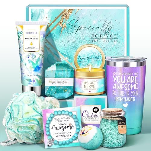 Gem Tend Relaxing Spa Gifts Basket for Women - Self Care Gift Set for Mom, Wife, Girlfriend, Sister, Friend - Blue Stainless Steel Avelisse
