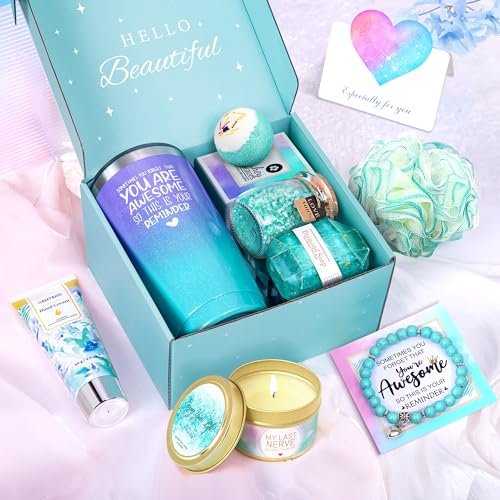 Gem Tend Relaxing Spa Gifts Basket for Women - Self Care Gift Set for Mom, Wife, Girlfriend, Sister, Friend - Blue Stainless Steel Avelisse