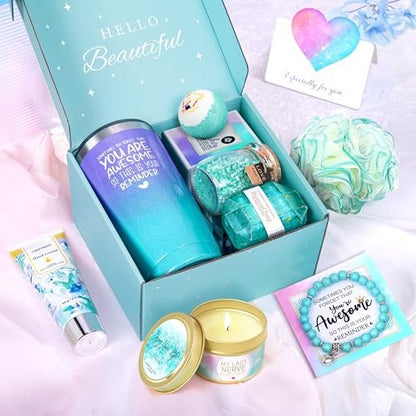 Gem Tend Relaxing Spa Gifts Basket for Women - Self Care Gift Set for Mom, Wife, Girlfriend, Sister, Friend - Blue Stainless Steel Avelisse