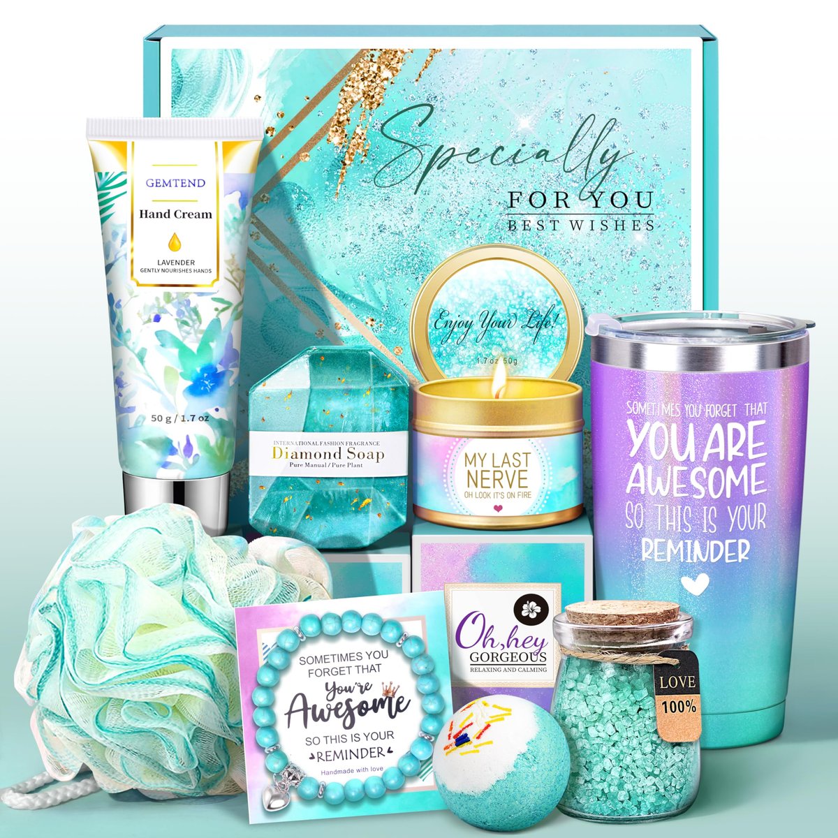 Gem Tend Relaxing Spa Gifts Basket for Women - Self Care Gift Set for Mom, Wife, Girlfriend, Sister, Friend - Blue Stainless Steel Avelisse