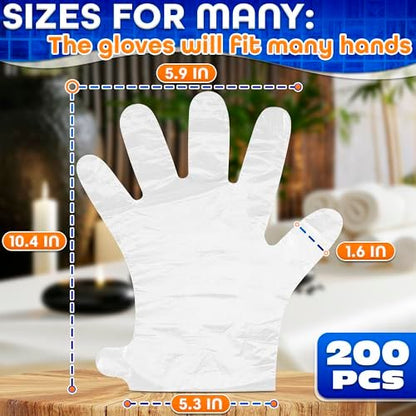 200 Pcs Paraffin Gloves for Hands - Lightweight, Disposable, Transparent, Leak-Proof Plastic Gloves for Cooking, Eating, Cleaning, Hair Coloring