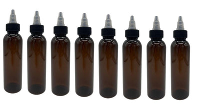 Natural Farms 4 oz Amber Cosmo BPA-Free Bottles - 8 Pack Empty Refillable Containers with Black/Natural Twist Open/Close Cap - Made in the USA