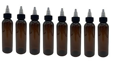 Natural Farms 4 oz Amber Cosmo BPA-Free Bottles - 8 Pack Empty Refillable Containers with Black/Natural Twist Open/Close Cap - Made in the USA