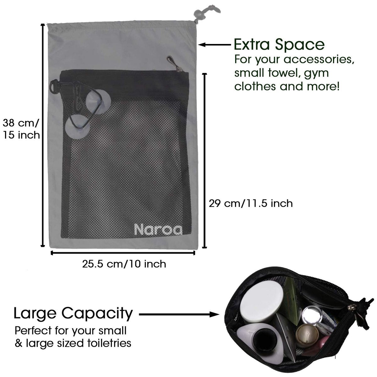 Naroa Waterproof Multifunctional Toiletry Shower Bag for Gym, Travel, Business – Foldable Portable Hanging Bathroom Mesh Caddy with Wet & Dry Storage Suction Hook Tote for Men Women - görsel 11