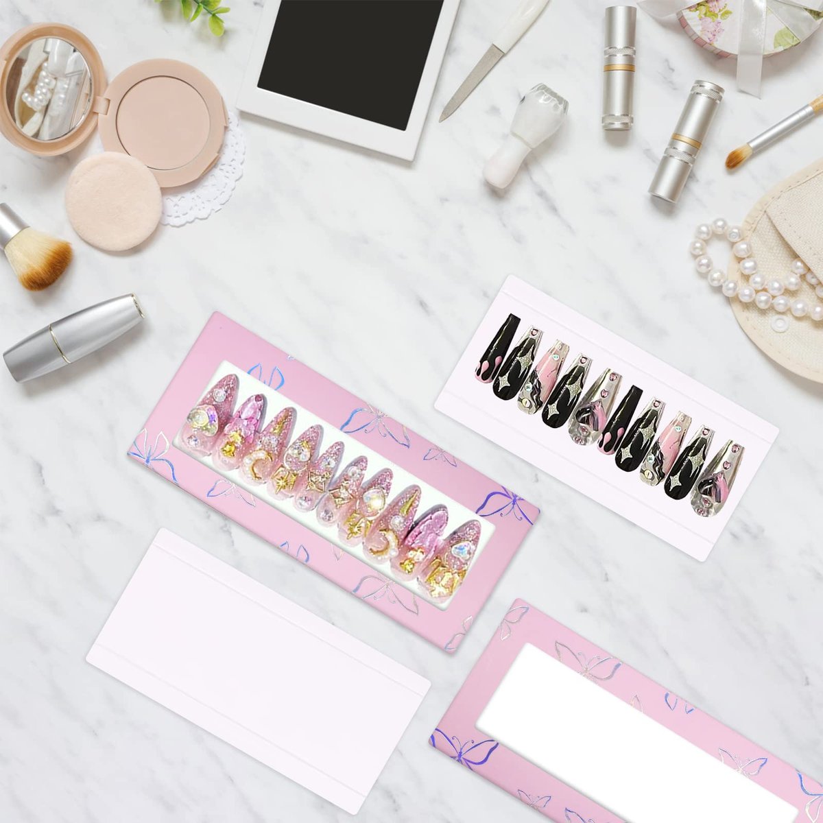 71-Piece Empty Press on Nails Packaging Box Set with White Background Papers and Double Sided Tape – Pink, for Nail Business - görsel 3
