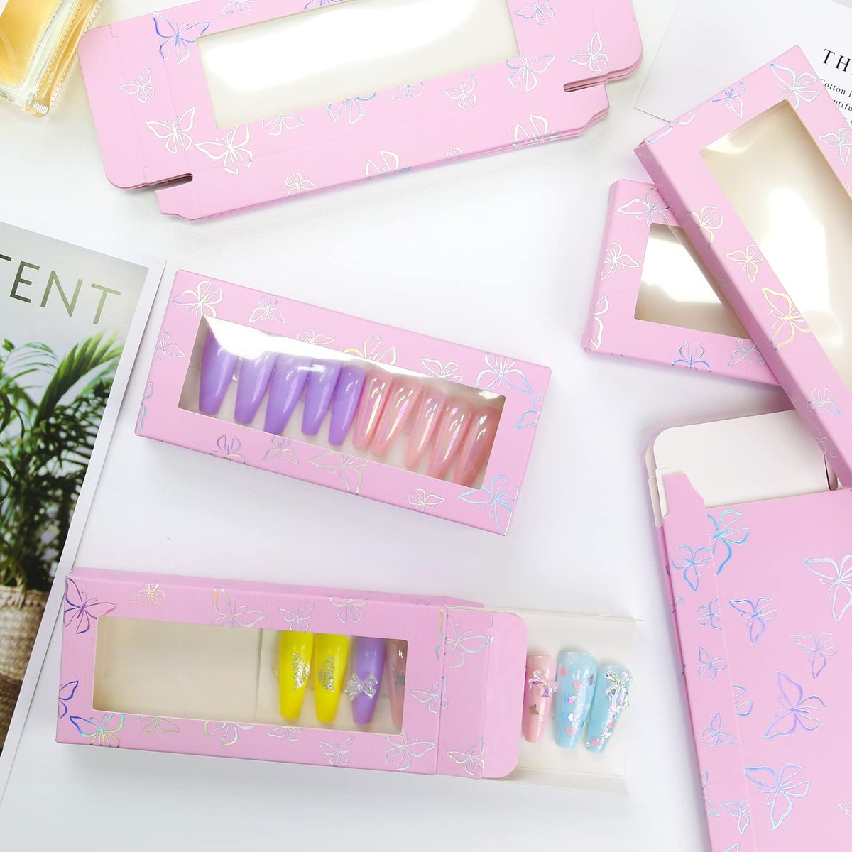 71-Piece Empty Press on Nails Packaging Box Set with White Background Papers and Double Sided Tape – Pink, for Nail Business - görsel 13
