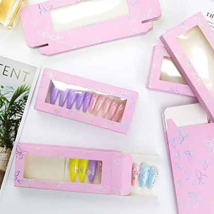 71-Piece Empty Press on Nails Packaging Box Set with White Background Papers and Double Sided Tape – Pink, for Nail Business