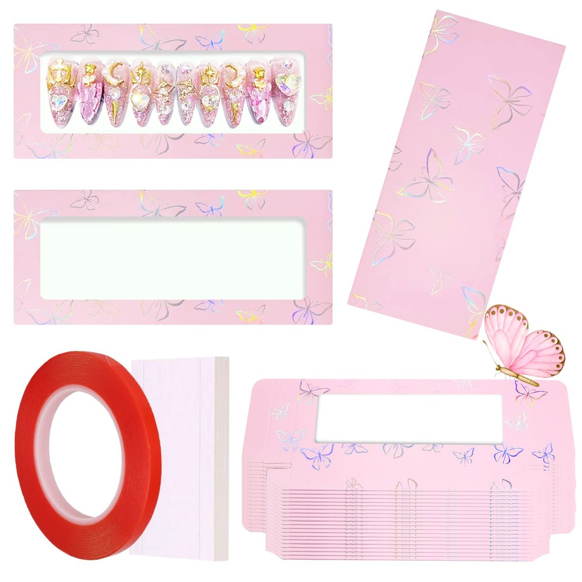 71-Piece Empty Press on Nails Packaging Box Set with White Background Papers and Double Sided Tape – Pink, for Nail Business - görsel 1