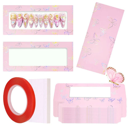 71-Piece Empty Press on Nails Packaging Box Set with White Background Papers and Double Sided Tape – Pink, for Nail Business