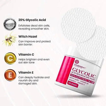 20% Glycolic Acid Pads (50 Pads) - Exfoliating Face Pads for Chemical Peel at Home - Glycolic Acid Peel with Vitamin C for Acne and Radiant Skin Avelisse