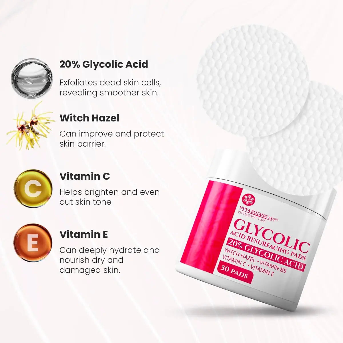 20% Glycolic Acid Pads (50 Pads) - Exfoliating Face Pads for Chemical Peel at Home - Glycolic Acid Peel with Vitamin C for Acne and Radiant Skin Avelisse
