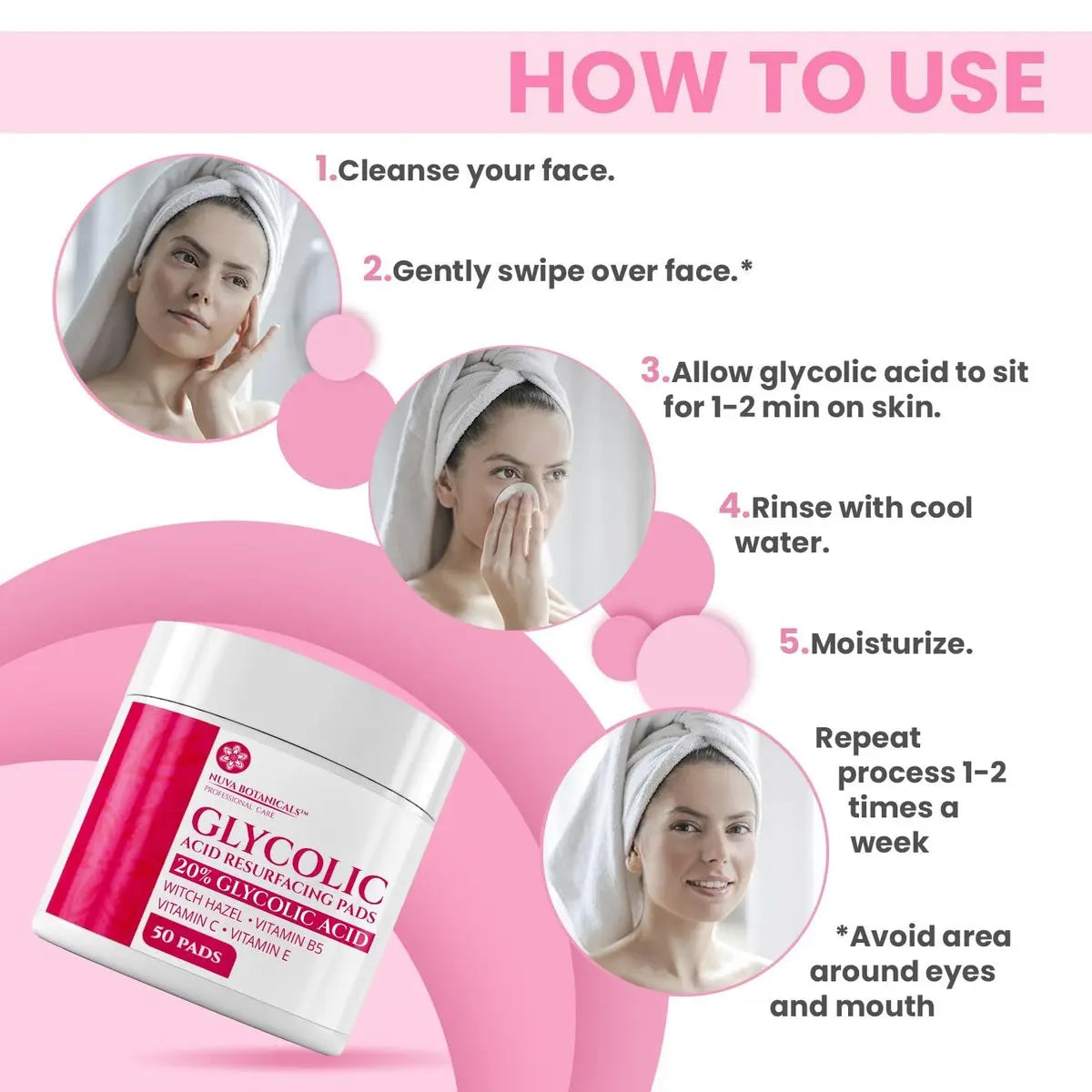 20% Glycolic Acid Pads (50 Pads) - Exfoliating Face Pads for Chemical Peel at Home - Glycolic Acid Peel with Vitamin C for Acne and Radiant Skin Avelisse
