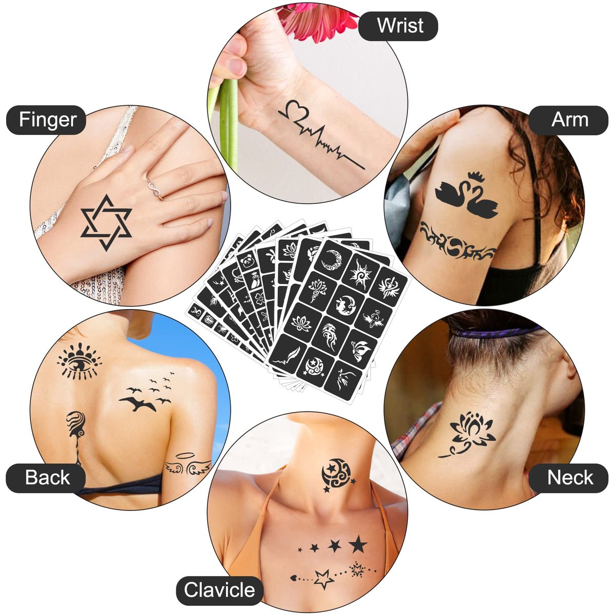 FANOST Henna Stencils Kit 24 Sheets – 400+ Reusable Tattoo Stencils for Kids, Teens & Adults – Airbrush & Temporary Tattoo Stencils for Face, Hand, Finger – Mehndi Stencil - görsel 12