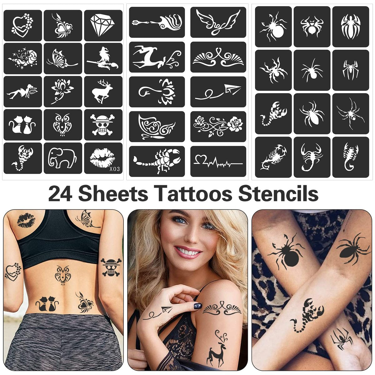 FANOST Henna Stencils Kit 24 Sheets – 400+ Reusable Tattoo Stencils for Kids, Teens & Adults – Airbrush & Temporary Tattoo Stencils for Face, Hand, Finger – Mehndi Stencil - görsel 10