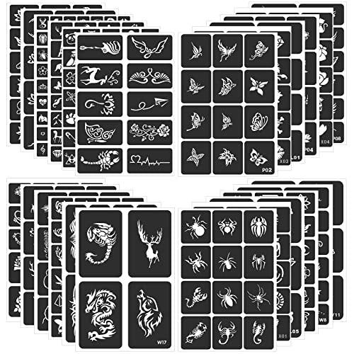 FANOST Henna Stencils Kit 24 Sheets – 400+ Reusable Tattoo Stencils for Kids, Teens & Adults – Airbrush & Temporary Tattoo Stencils for Face, Hand, Finger – Mehndi Stencil - görsel 1
