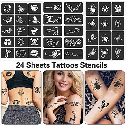 FANOST Henna Stencils Kit 24 Sheets – 400+ Reusable Tattoo Stencils for Kids, Teens & Adults – Airbrush & Temporary Tattoo Stencils for Face, Hand, Finger – Mehndi Stencil