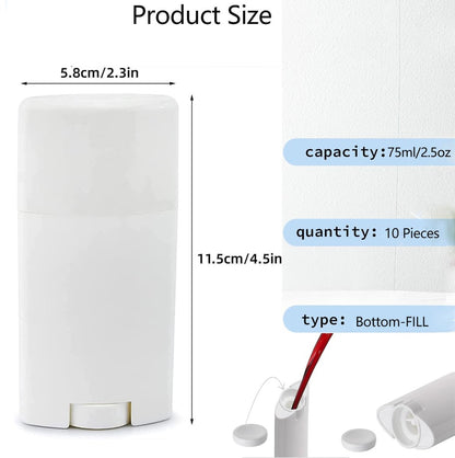 Minsily 10 Pack 75ml White Empty Deodorant Containers - Oval Twist Up Refillable Tubes for DIY Deodorants, Lip Balm, Chapstick - BPA-Free Plastic