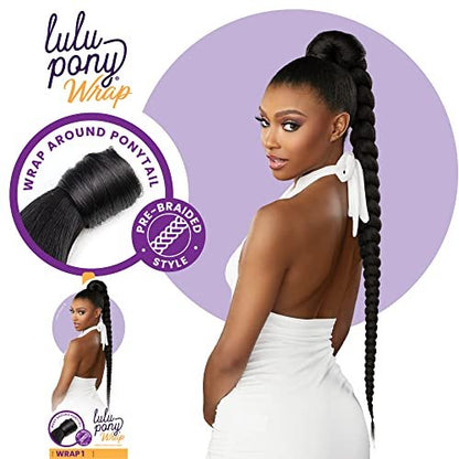 Sensationnel Lulu Pony Wrap Hair Extensions - 1B Offblack High Heat Synthetic Yaki Ponytail or Updo Hairpiece
