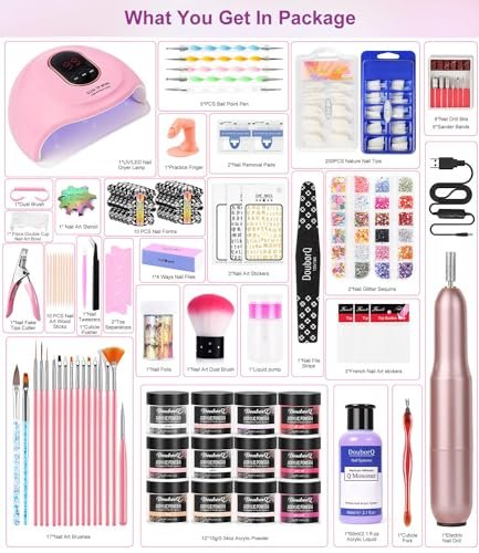 Complete Acrylic Nail Art Kit for Beginners – Manicure Set with Powder, Brush, Glitter, UV Lamp, and Drill (White) Avelisse