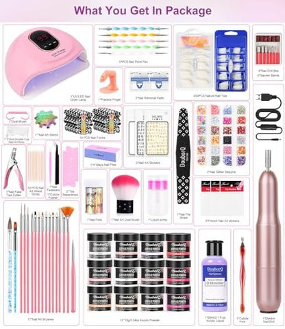 Complete Acrylic Nail Art Kit for Beginners – Manicure Set with Powder, Brush, Glitter, UV Lamp, and Drill (White) Avelisse