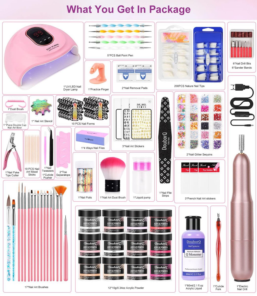 Complete Acrylic Nail Art Kit for Beginners – Manicure Set with Powder, Brush, Glitter, UV Lamp, and Drill (White) Avelisse