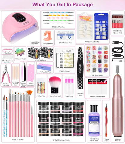 Complete Acrylic Nail Art Kit for Beginners – Manicure Set with Powder, Brush, Glitter, UV Lamp, and Drill (White) Avelisse