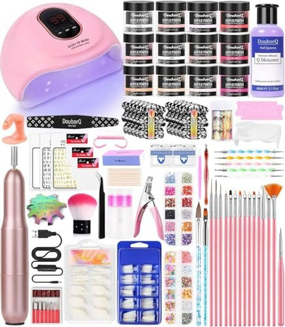 Complete Acrylic Nail Art Kit for Beginners – Manicure Set with Powder, Brush, Glitter, UV Lamp, and Drill (White) Avelisse