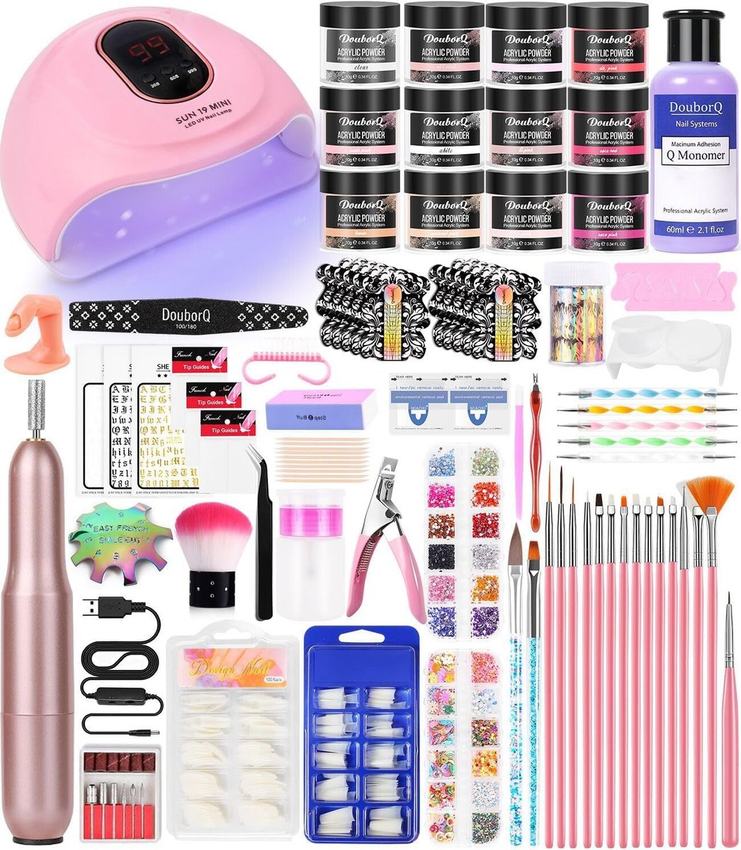 Complete Acrylic Nail Art Kit for Beginners – Manicure Set with Powder, Brush, Glitter, UV Lamp, and Drill (White) Avelisse
