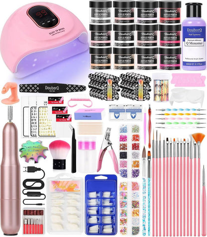Complete Acrylic Nail Art Kit for Beginners – Manicure Set with Powder, Brush, Glitter, UV Lamp, and Drill (White) Avelisse
