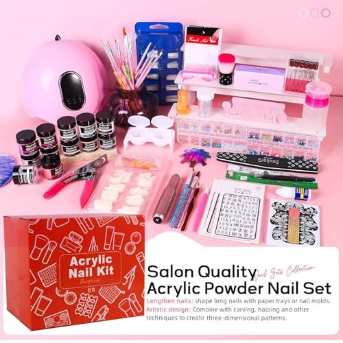 Complete Acrylic Nail Art Kit for Beginners – Manicure Set with Powder, Brush, Glitter, UV Lamp, and Drill (White) Avelisse