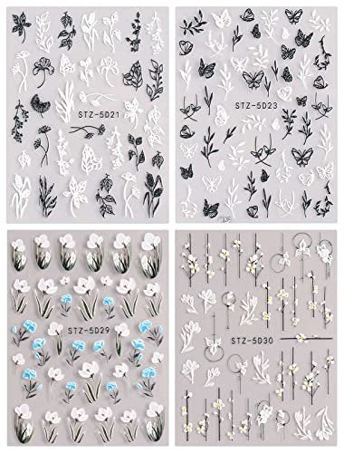 JMEOWIO 3D Embossed Flower Nail Art Stickers - Self-Adhesive Spring Floral Decals for Stunning 5D Nail Designs (4 Sheets)