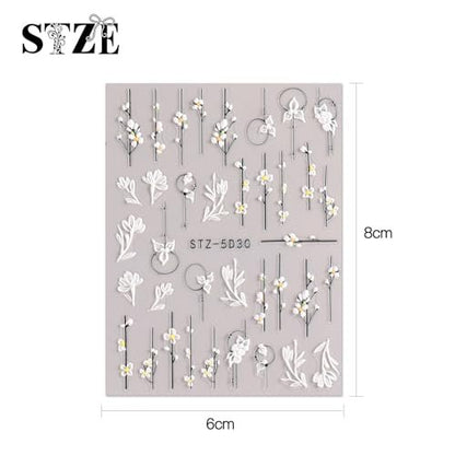 JMEOWIO 3D Embossed Flower Nail Art Stickers - Self-Adhesive Spring Floral Decals for Stunning 5D Nail Designs (4 Sheets)