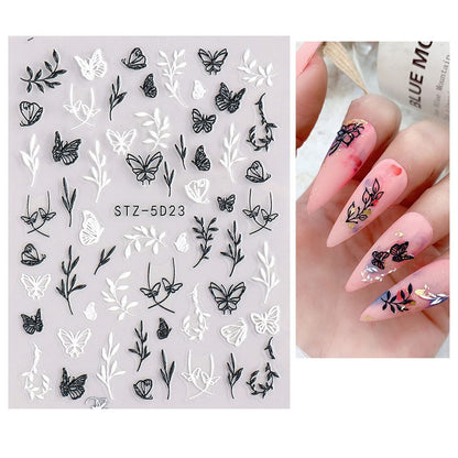 JMEOWIO 3D Embossed Flower Nail Art Stickers - Self-Adhesive Spring Floral Decals for Stunning 5D Nail Designs (4 Sheets)