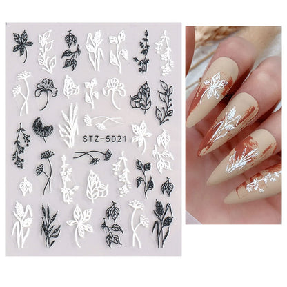 JMEOWIO 3D Embossed Flower Nail Art Stickers - Self-Adhesive Spring Floral Decals for Stunning 5D Nail Designs (4 Sheets)