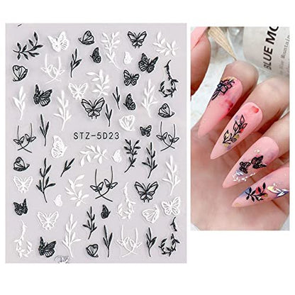 JMEOWIO 3D Embossed Flower Nail Art Stickers - Self-Adhesive Spring Floral Decals for Stunning 5D Nail Designs (4 Sheets)