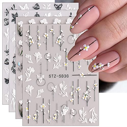 JMEOWIO 3D Embossed Flower Nail Art Stickers - Self-Adhesive Spring Floral Decals for Stunning 5D Nail Designs (4 Sheets) - görsel 2