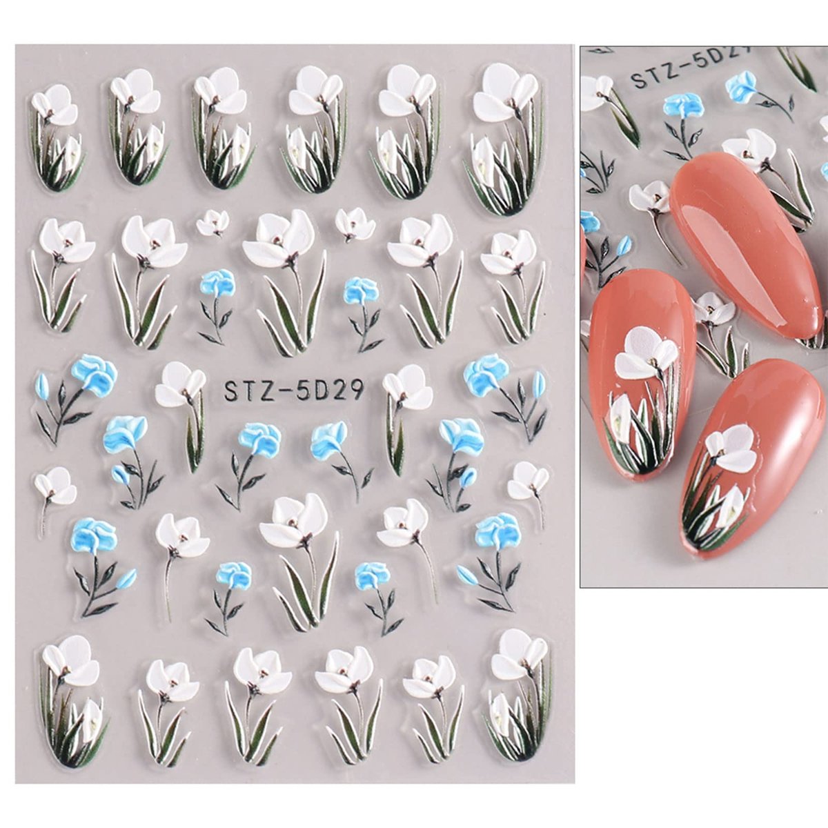 JMEOWIO 3D Embossed Flower Nail Art Stickers - Self-Adhesive Spring Floral Decals for Stunning 5D Nail Designs (4 Sheets) - görsel 7