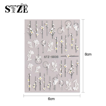 JMEOWIO 3D Embossed Flower Nail Art Stickers - Self-Adhesive Spring Floral Decals for Stunning 5D Nail Designs (4 Sheets)