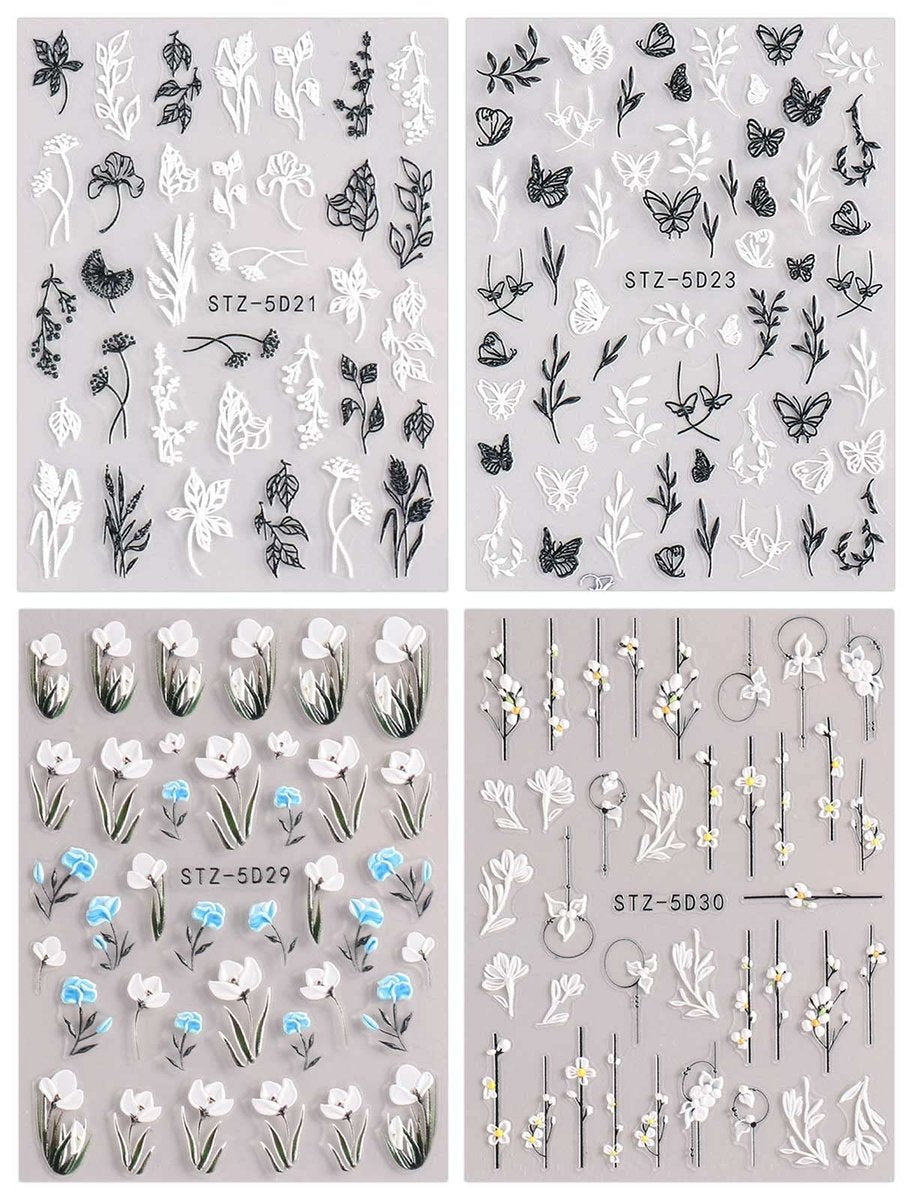 JMEOWIO 3D Embossed Flower Nail Art Stickers - Self-Adhesive Spring Floral Decals for Stunning 5D Nail Designs (4 Sheets) - görsel 3
