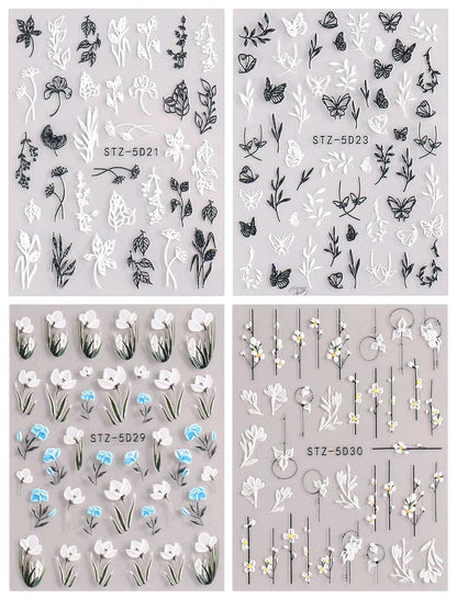 JMEOWIO 3D Embossed Flower Nail Art Stickers - Self-Adhesive Spring Floral Decals for Stunning 5D Nail Designs (4 Sheets)