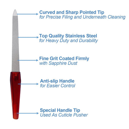 GigaGround Metal Nail File (6 Pcs) – Stainless Steel Sword Fingernail Files with Sharp Pointed Tip and Non-Slip Handle, Diamond Sapphire Grit for Natural Nails
